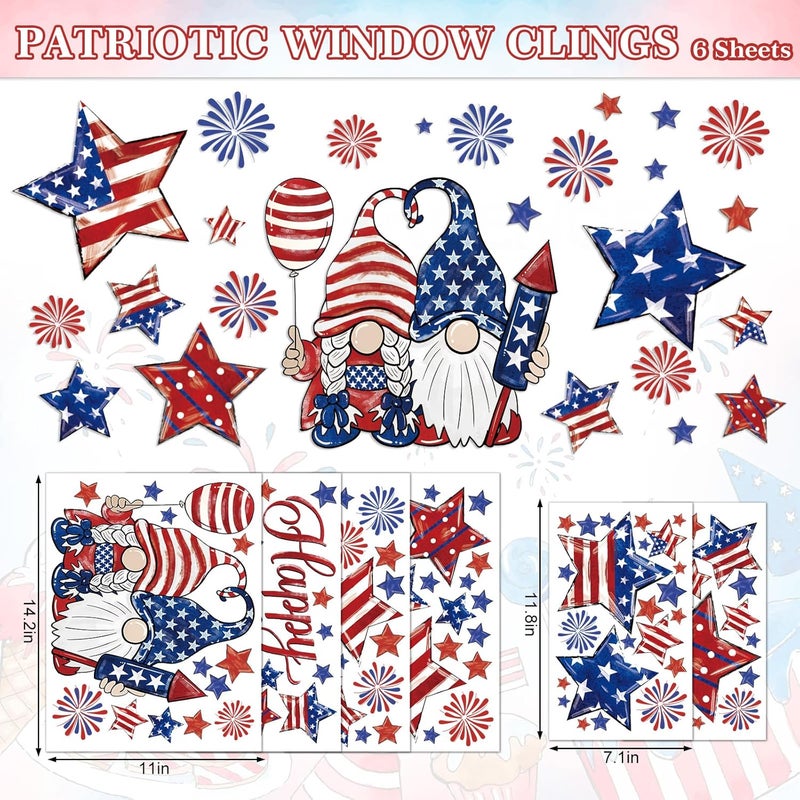Whaline 6 Sheets Patriotic Window Clings Happy 4th of July USA Gnome Star Firework Reusable Window Decals for Independence Day Memorial Day Home Glass Party Decor - Image 5